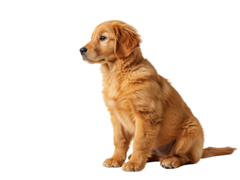 A charming golden retriever puppy sits attentively, looking off to the side