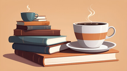 Cozy Coffee and Books Vector Illustration with Minimalist Lines and Warm Colors
