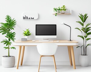 Modern home office with stylish desk, computer, and vibrant greenery, creating a productive and serene workspace environment.