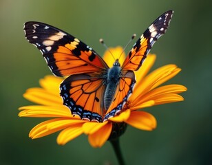 Naklejka premium Orange black butterfly sits on yellow flower. Insect with detailed wings resting. Vibrant colors, macro shot of fauna. Summer nature background, wildlife. Pollinator on blossom.
