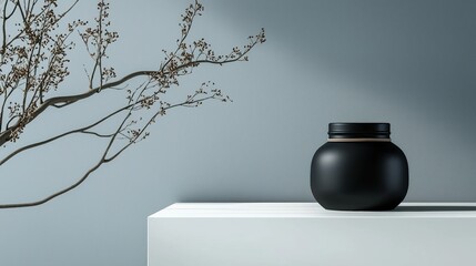 Black jar with a lid on a white surface. the jar is placed against a light blue wall. on the left side of the image, there is a branch with small white flowers.