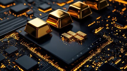 Close-up of a modern circuit board featuring golden components and intricate technology, symbolizing innovation and advancement.
