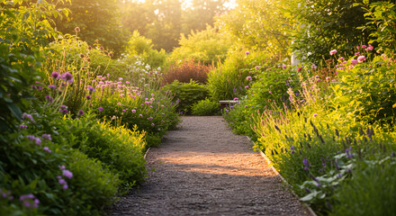 Beautiful Garden Pathway Surrounded by Lush Greenery and Colorful Flowers

