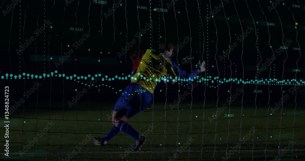 Poster goalkeeper in action with data processing animation over soccer field