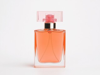 Elegant perfume bottle with pink cap and liquid.