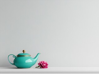 Elegant teal teapot with a pink flower.