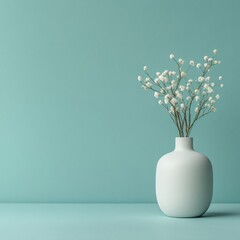 Elegant vase with delicate flowers on teal backdrop.
