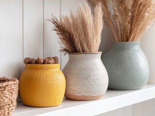 Elegant vases with dried grasses for decor.