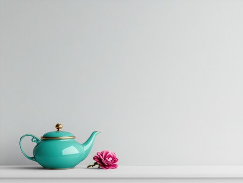 Elegant teal teapot with a pink flower.