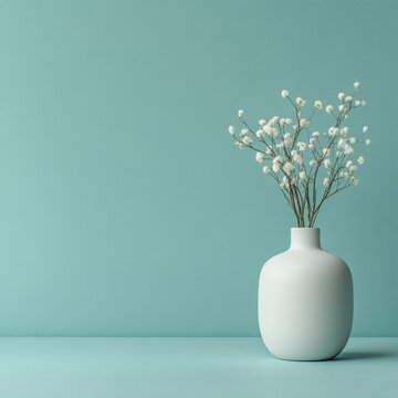 Elegant vase with delicate flowers on teal backdrop.