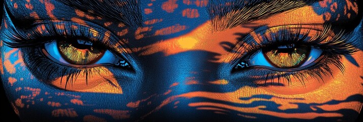 Obraz premium Intriguing close-up of a woman's eyes, adorned with vibrant, abstract makeup. The rich oranges and deep blues create a captivating contrast.