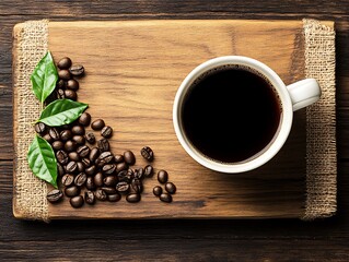 A white mug of coffee with beans and leaves on a board