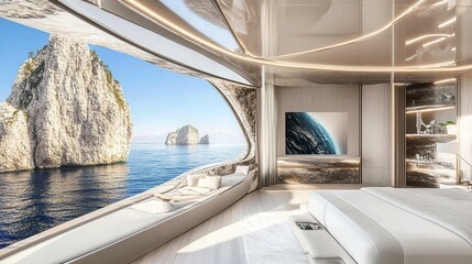 Fototapeta premium Luxury yacht bedroom, panoramic sea view, Capri Italy, travel brochure