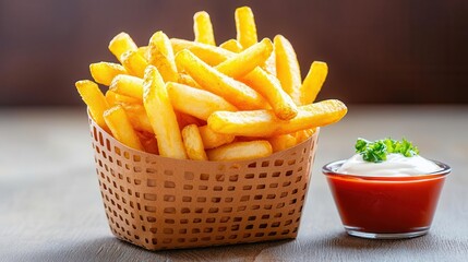 Crispy golden fries served with dipping sauce in a basket, on a wooden table.