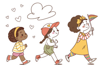 54 Cartoon children, diverse characters, simple line drawings, colorful outfits, playful poses, walking and running, multicultural, cheerful expressions, hand-drawn style, white background, whimsical,