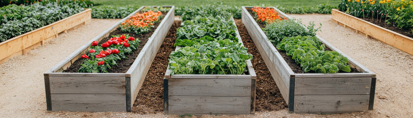 Beautiful garden beds filled with vibrant vegetables and flowers, showcasing variety of colors and healthy plants