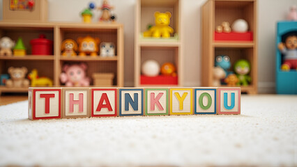Wooden Alphabet Blocks Spelling Thank You on White Carpet with Toy Background