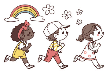 54 Cartoon children, diverse characters, simple line drawings, colorful outfits, playful poses, walking and running, multicultural, cheerful expressions, hand-drawn style, white background, whimsical,