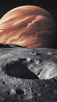Lunar landscape with crater and large gas giant planet