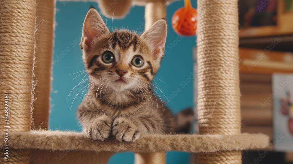 Poster A playful scene of a kitten exploring a multi-level cat house, filled with scratching posts and hanging toys, capturing the curiosity and energy of young cats.