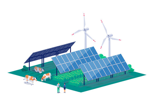 Agriculture farm using renewable agrivoltaic solar panels wind turbines to produce electricity and crops, corn, grains, potatoes and vegetables together with livestock animals. Sustainable farming. 