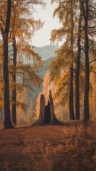 Fototapeta premium Hollow of beerch tree at autumn forest on mountns