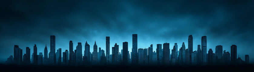 Obraz premium stunning city skyline silhouette against moody blue backdrop, showcasing tall buildings and dramatic atmosphere