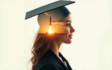 Double exposure effect of a rocket launching and profile portrait of a young woman wearing a black graduation cap