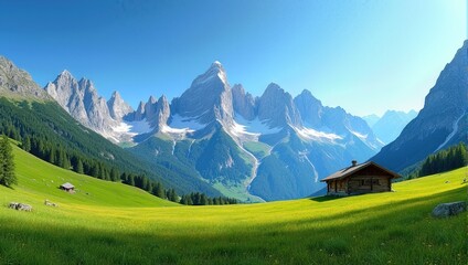 Obraz premium Green Hills and Mountain Peaks Under a Bright Blue Sky