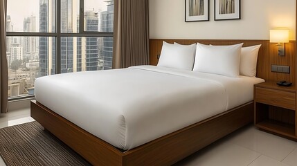 A comfortable bed in a modern hotel room overlooking city buildings