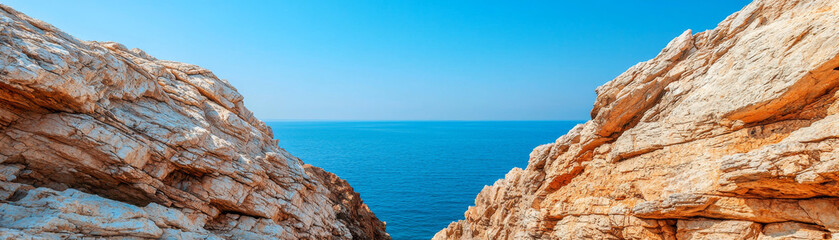 Breathtaking coastal view showcasing rocky cliffs framing serene blue sea under clear sky, evoking sense of tranquility and natural beauty