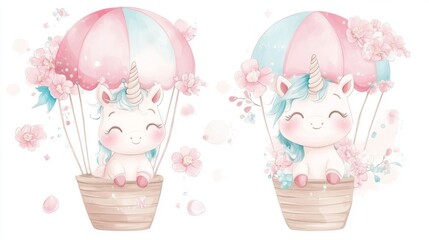 Cute baby unicorn in a hot air balloon with flowers, watercolor cartoon vector illustration