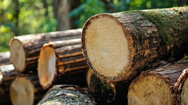 Freshly cut tree logs stacked in a natural setting, representing forestry, logging industry, or environmental resource use.
