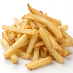 Golden crispy french fries piled on white background