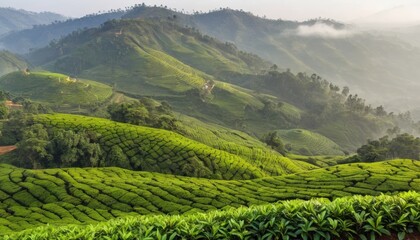 Lush Green Tea Plantations Covering Hillsides on a Misty Morning Landscape