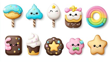 Obraz premium Colorful cartoon desserts, white isolated background.