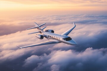 Obraz premium Private Jet Soaring Above Clouds at Sunset