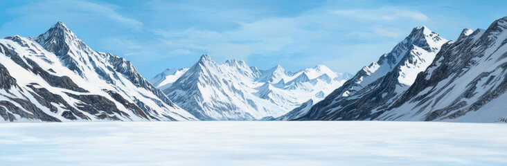 Obraz premium Majestic snow capped mountains rise against clear blue sky, reflecting serene beauty of winter landscape. vast expanse of snow creates tranquil