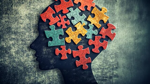 Conceptual image of jigsaw puzzle pieces arranged as a human head, symbolizing mental health, autism, or complex thinking.
