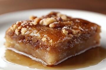 Traditional Greek walnut cake drenched in rich honey syrup topped with finely chopped nuts served on a rustic wooden plate sweet homemade dessert with deep caramelized flavors