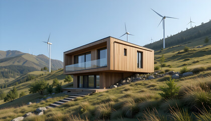 Modern wooden house in a scenic landscape with wind turbines for sustainable energy and breathtaking mountain views