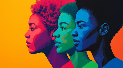 Vibrant portrait showcasing three profiles of women with diverse hairstyles, expressing beauty and individuality through bold colors and artistic