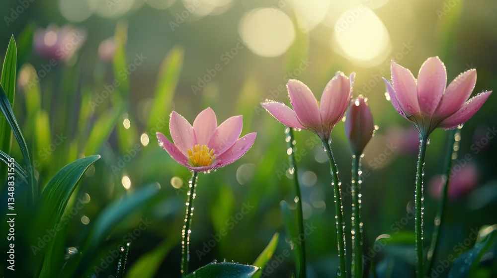 Aufkleber a tranquil garden scene featuring various blooming flowers, each adorned with delicate dew drops, re