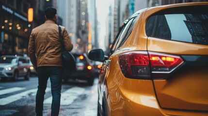 A man walks past a taxi cab in a busy city street.  The urban setting is blurred in the background.