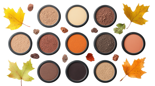 Elegant autumn themed makeup palette featuring a harmonious arrangement of warm earth toned eyeshadows blushes and highlighters alongside vibrant fall leaves for a natural seasonal aesthetic