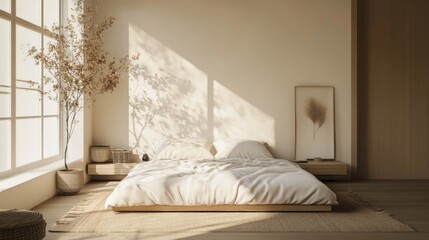 A tranquil Muji-style bedroom with a low-profile bed, soft bedding in earthy tones, and a minimalist aesthetic, promoting relaxation and a clutter-free environment.