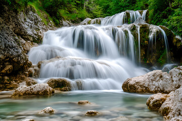 Fototapeta premium Majestic Waterfall cascading over layered rocks, crystal-clear water flowing through the lush green landscape, and creating a serene and picturesque scene