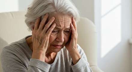 An elderly woman sitting by the window, holding her head in discomfort from a headache.