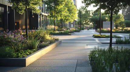 Naklejka premium A modern urban streetscape featuring rain gardens