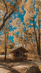 Fototapeta premium Wooden cabin with thatched roof in autumn forest
